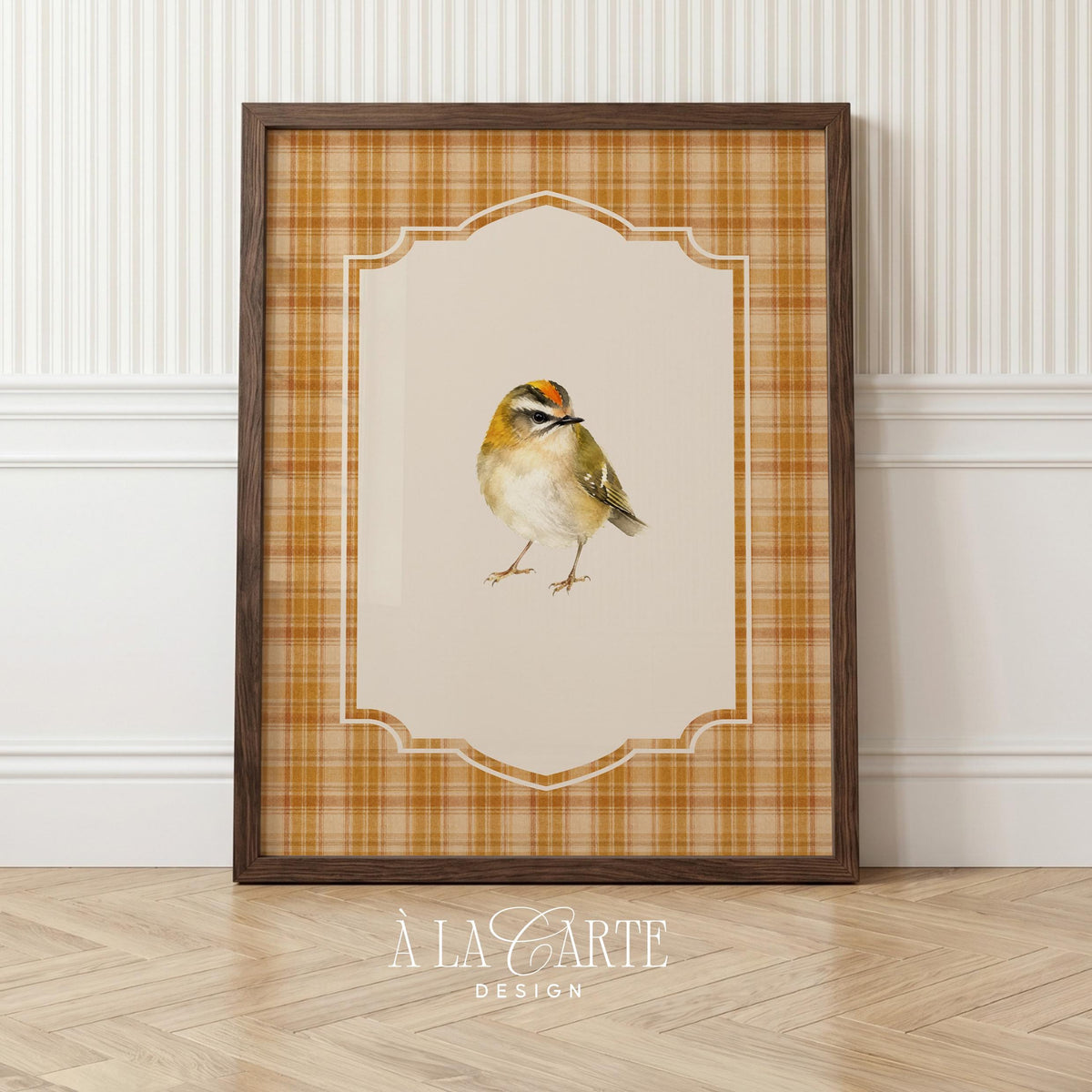 Vintage farmhouse bird picture for home — delicate feathered illustration with plaid frame and cottagecore charm
