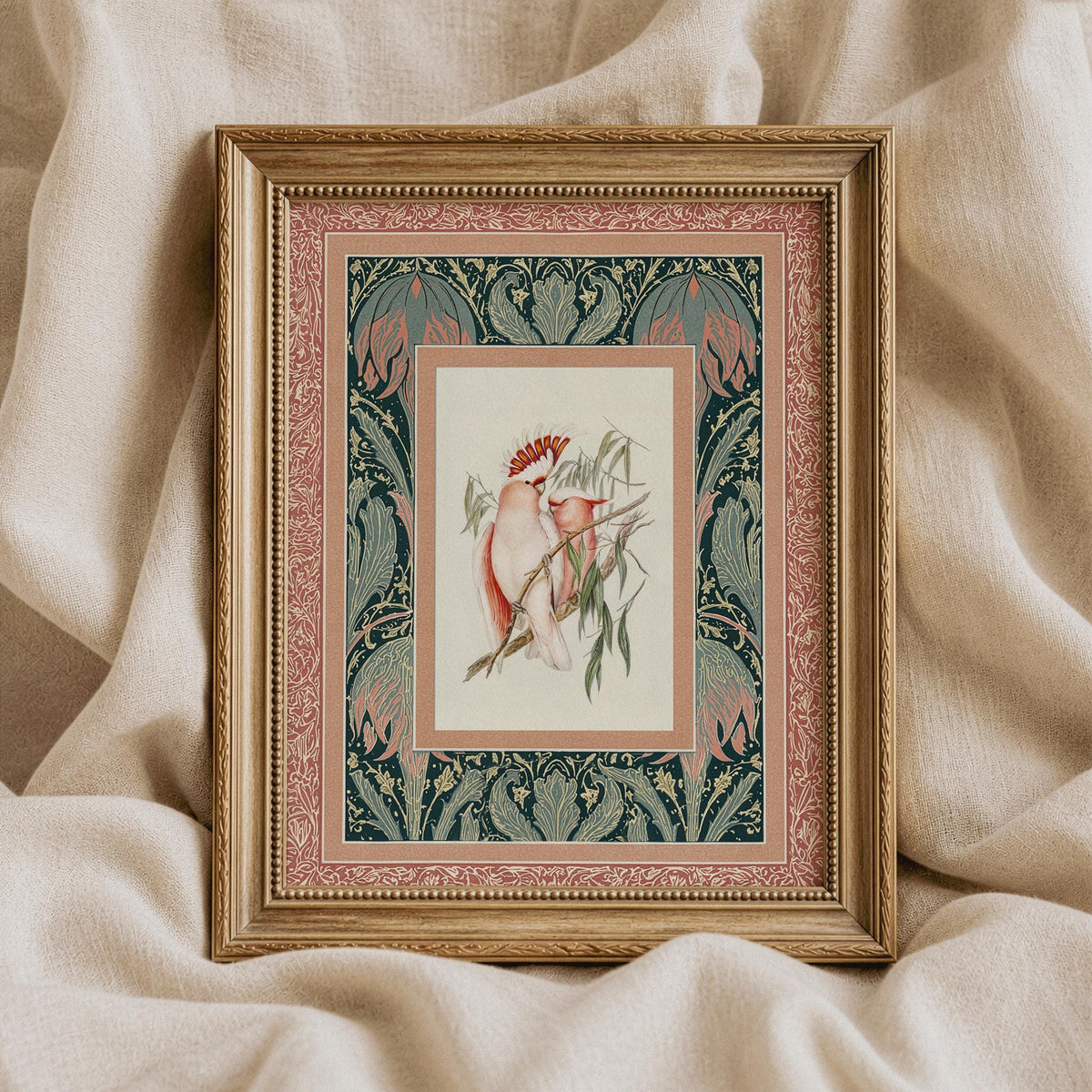 Feathered companions picture print — grandmillennial tapestry wall art with botanical framing
