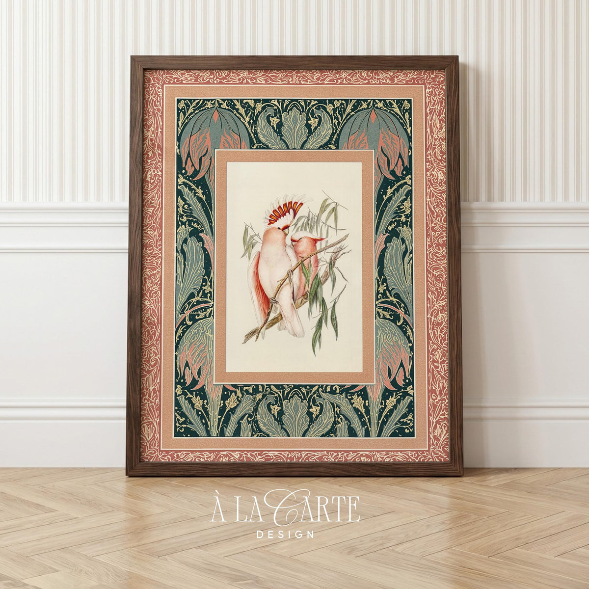 Perching parrots digital print for guest room — antique ornithology aesthetic with cream and sage tones