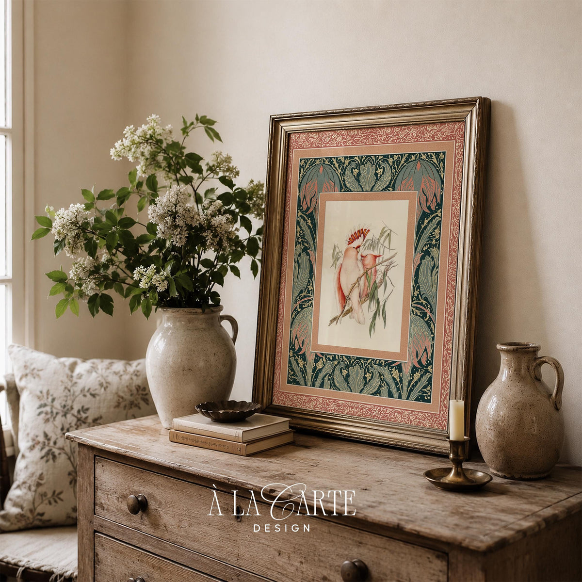 Naturalist bird poster featuring ornate borders — vintage fabric art with delicate linework details