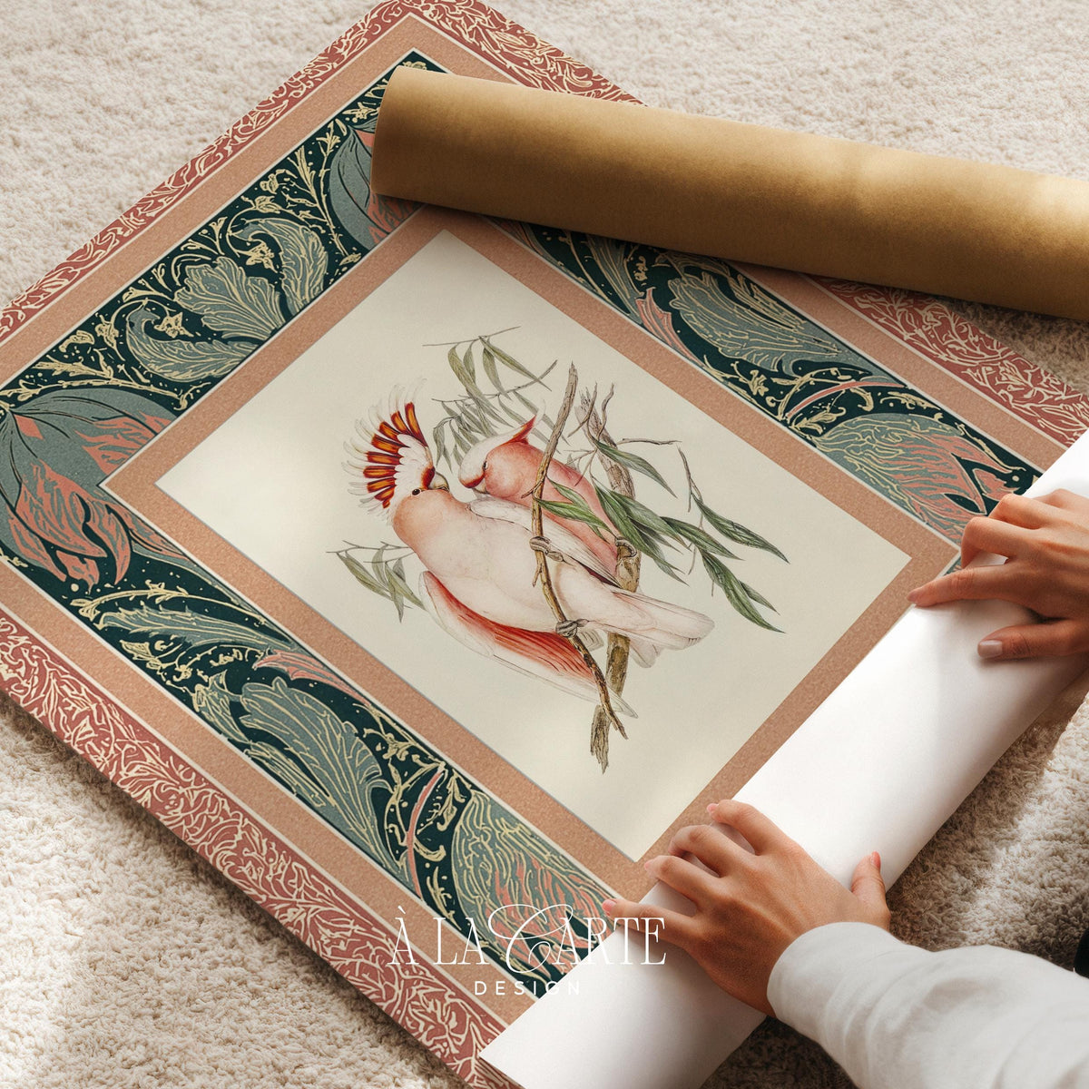 Classic aviary illustration printable for hallway — antique tapestry design with ornamental leafy frame