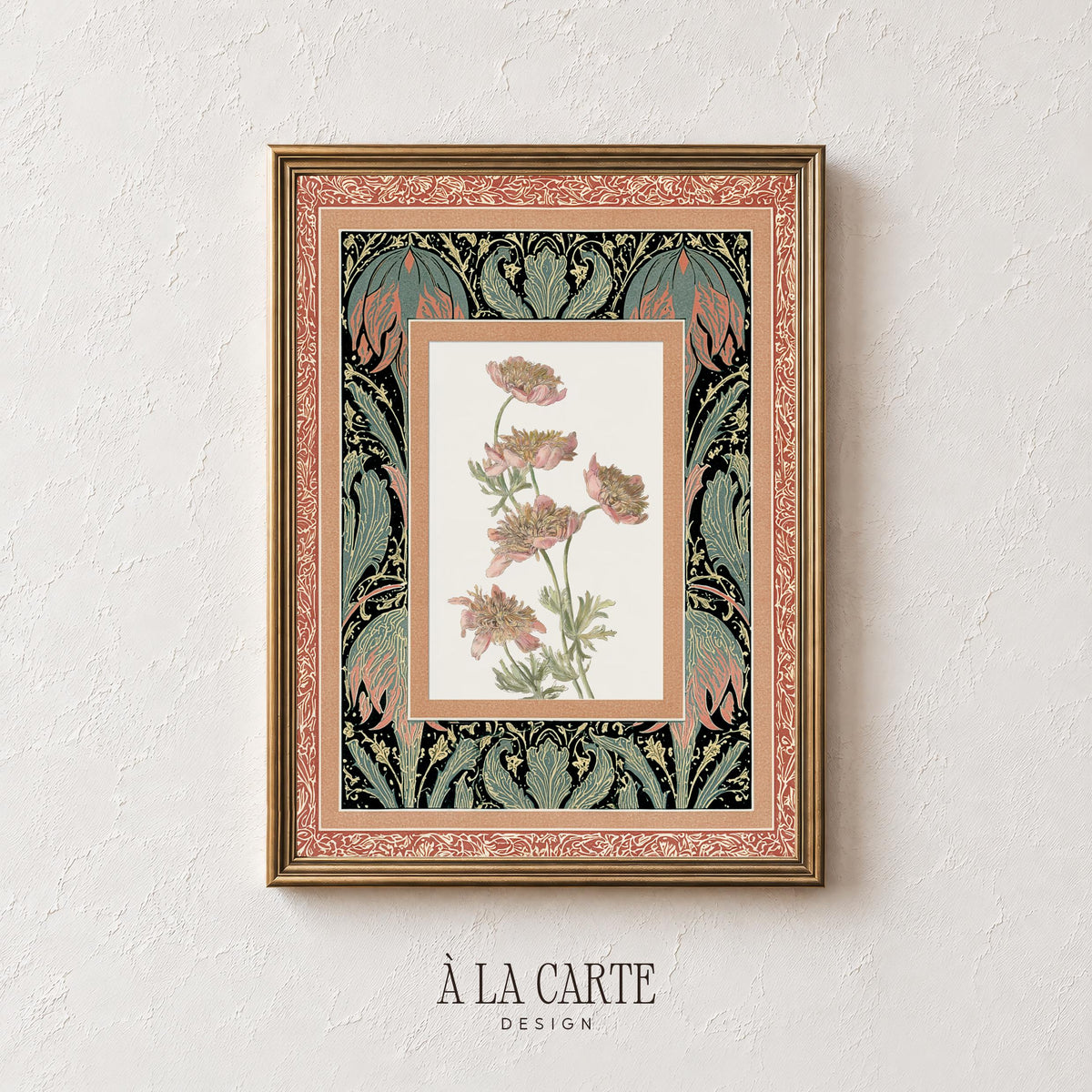 Vintage botanical illustration picture showing soft pink bloom with muted ornamental frame — grandmillennial wall art