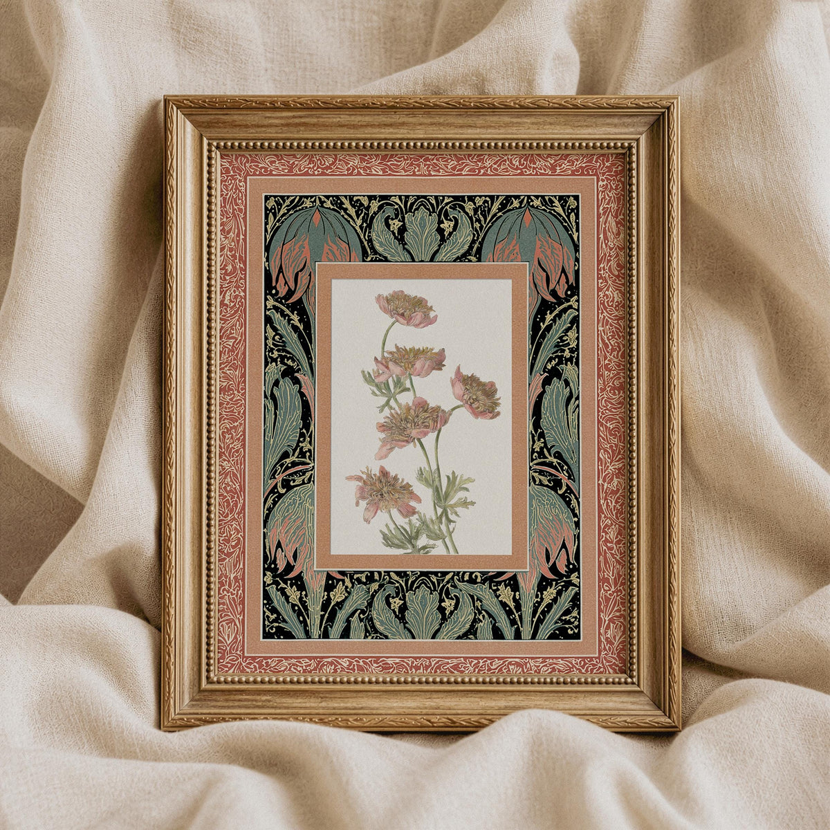 Blush peony botanical illustration printable art for bedroom — vintage cottage romance with ornate border