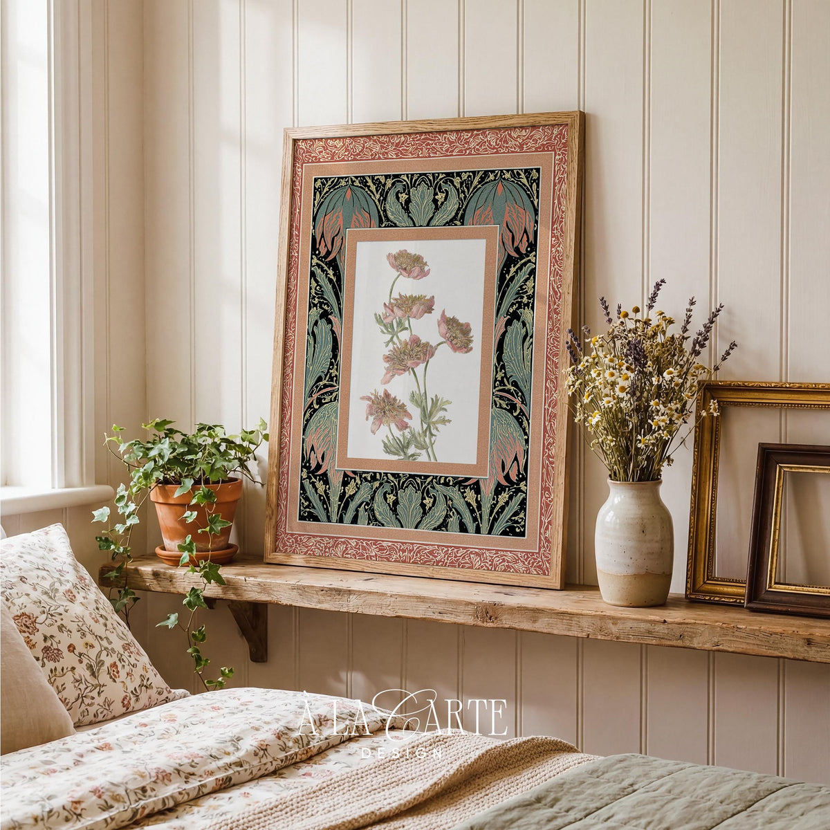 Romantic botanical poster featuring ornate Victorian pattern frame — blush flower digital wall art printable