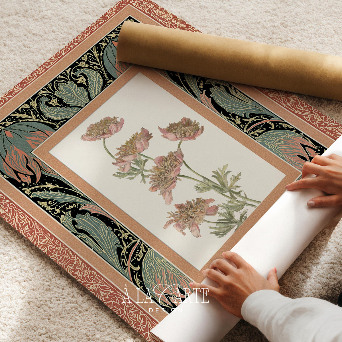 Delicate peony blossom digital print with decorative heritage textile border — soft vintage botanical artwork