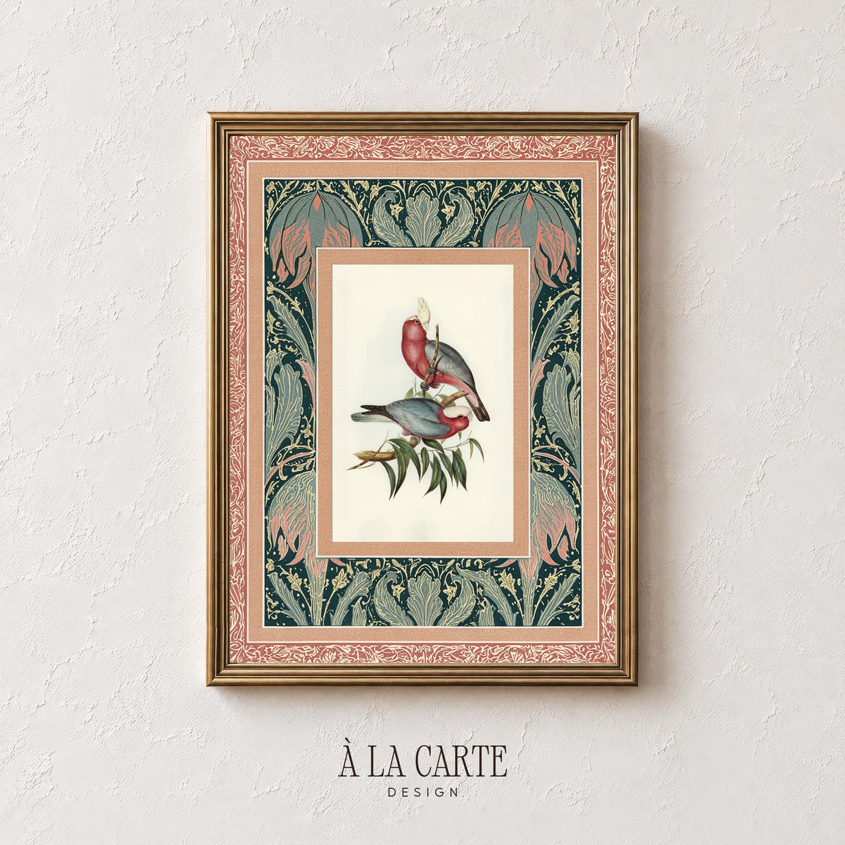 Grandmillennial vintage fabric art print with bird motifs — soft color palette and ornamental frame for classic interiors