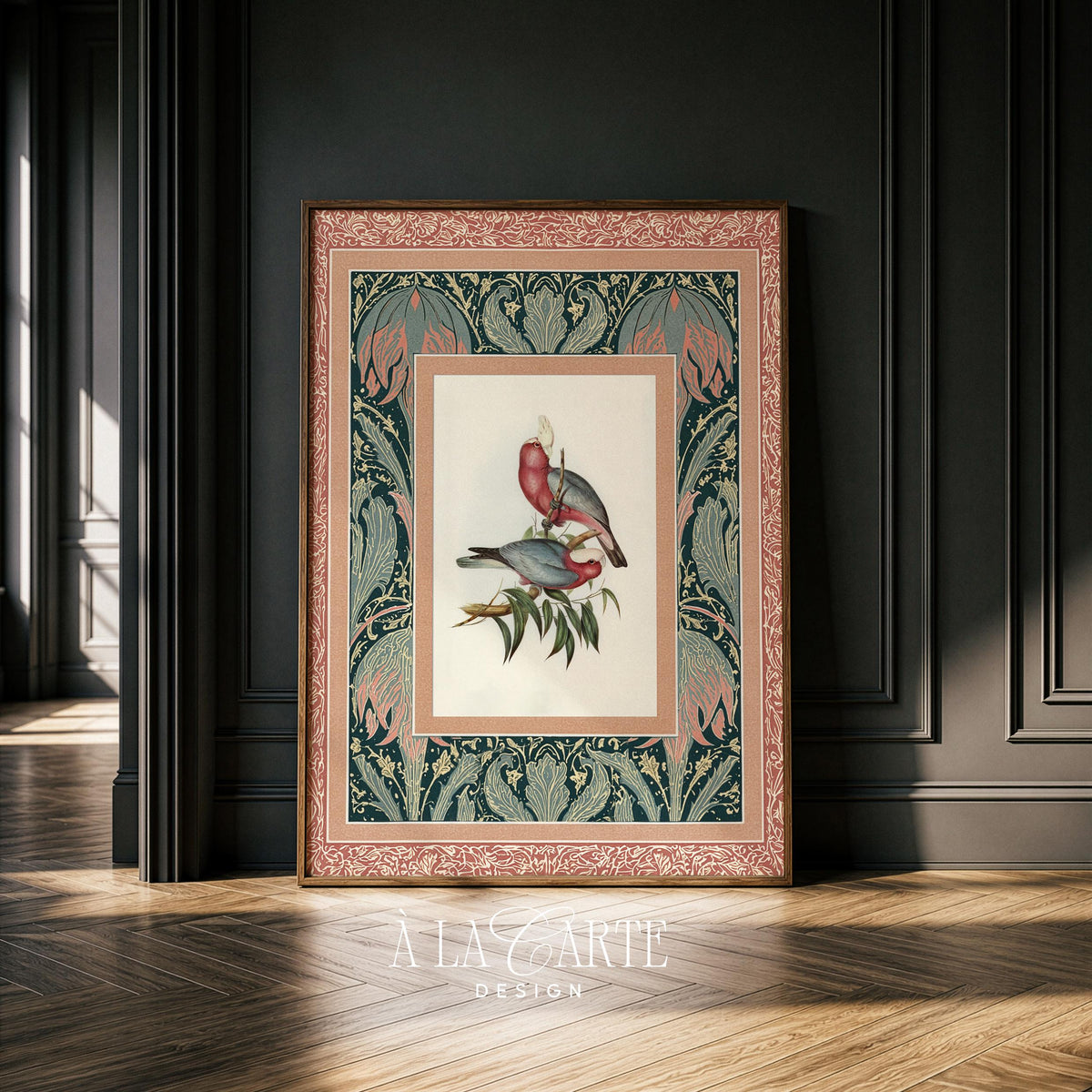 Antique naturalist poster wall art for study — two birds on leafy twig with elaborate cream and teal decorative pattern