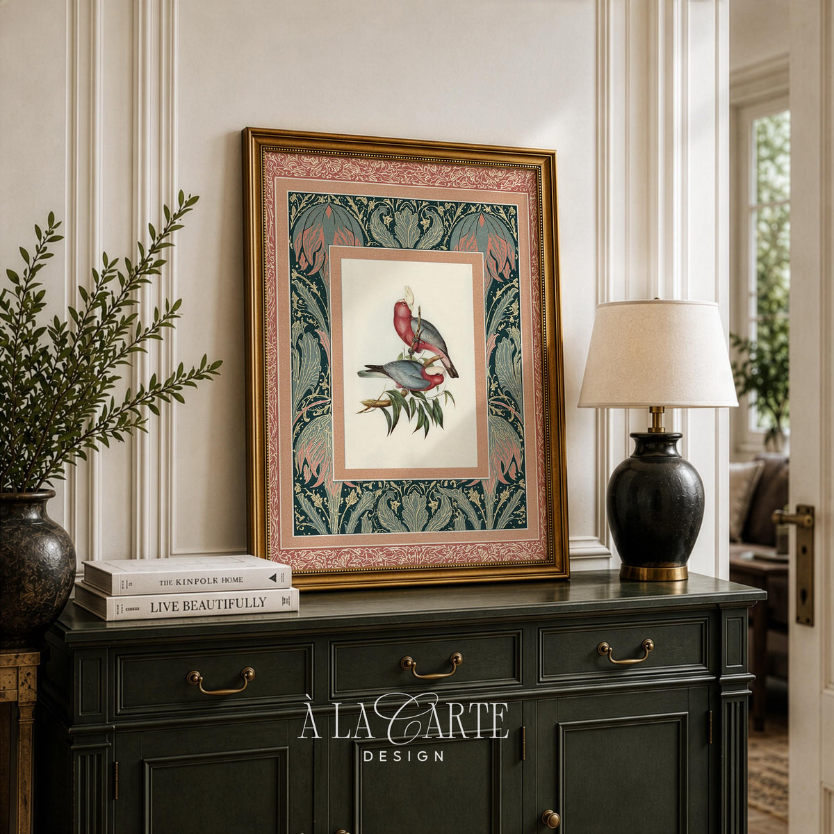 Cottagecore bedroom poster showing graceful perched birds — fine detailed watercolor shading with teal botanical border