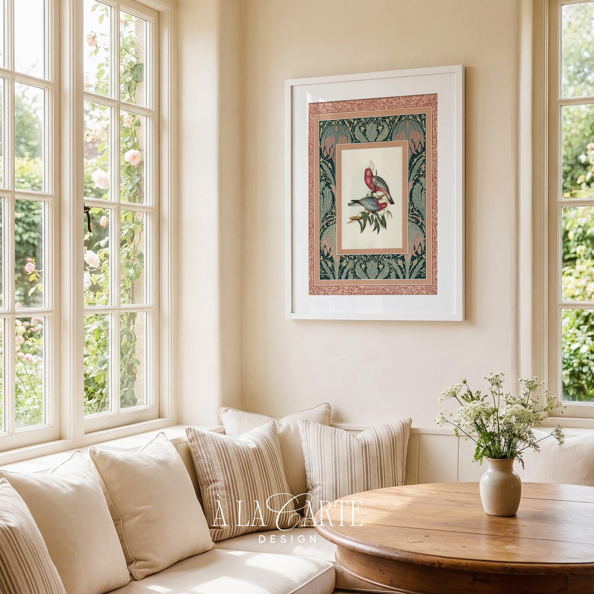 Ornate floral tapestry wall art with vintage bird pair — antique book illustration style suitable for any gallery wall