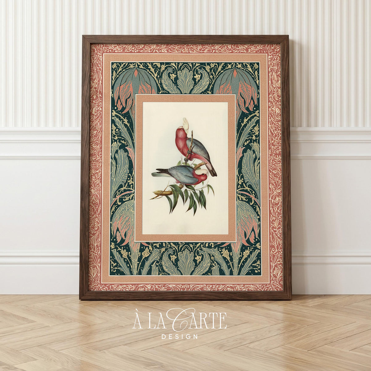 Heritage textile art print showing graceful perched birds — dusty rose and cream palette with vintage botanical flourishes