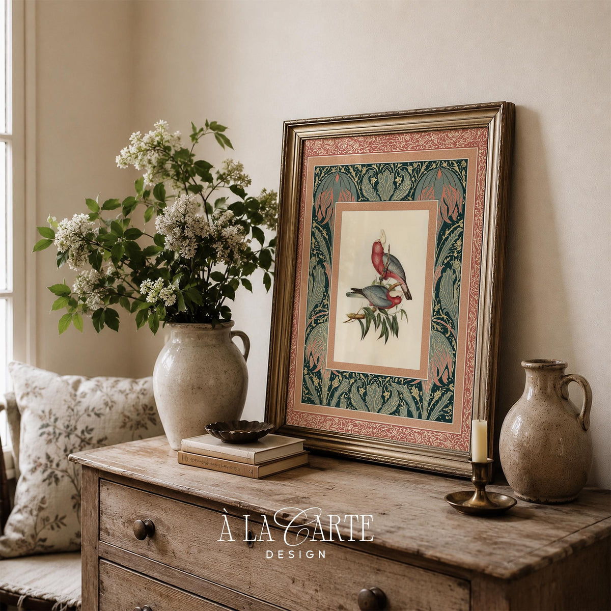 Two parrots on branch printable art for bedroom — vintage naturalist illustration with soft gray, dusty rose, and cream plumage