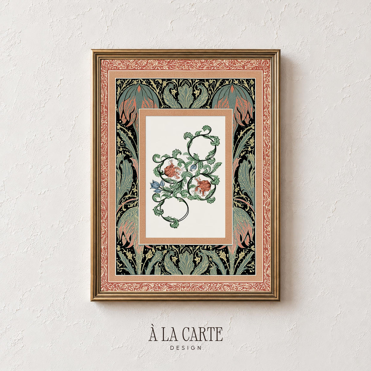 Antique tapestry design poster featuring elegant acanthus leaves and romantic floral border — timeless heritage textile aesthetic