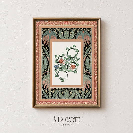Antique tapestry design poster featuring elegant acanthus leaves and romantic floral border — timeless heritage textile aesthetic