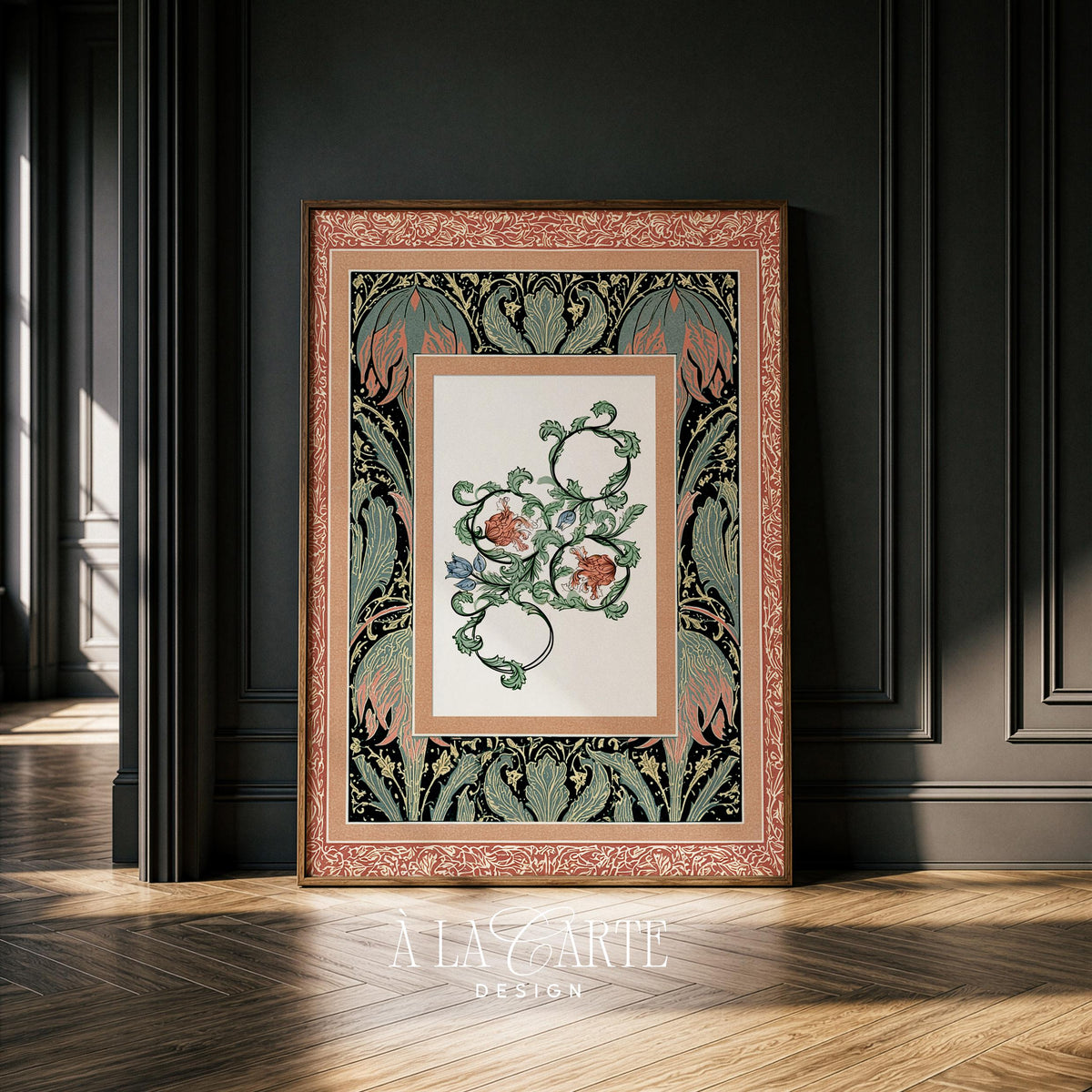Vintage cottagecore printable art featuring interlocking foliage, roses, and decorative acanthus leaf borders