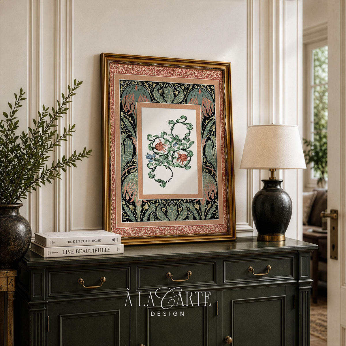 Grandmillennial botanical tapestry printable art with ornamental line work and vintage color palette