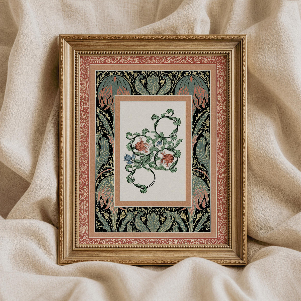 Heritage textile wall art for bedroom featuring soft-hued roses and delicate blue blossoms in ornate border