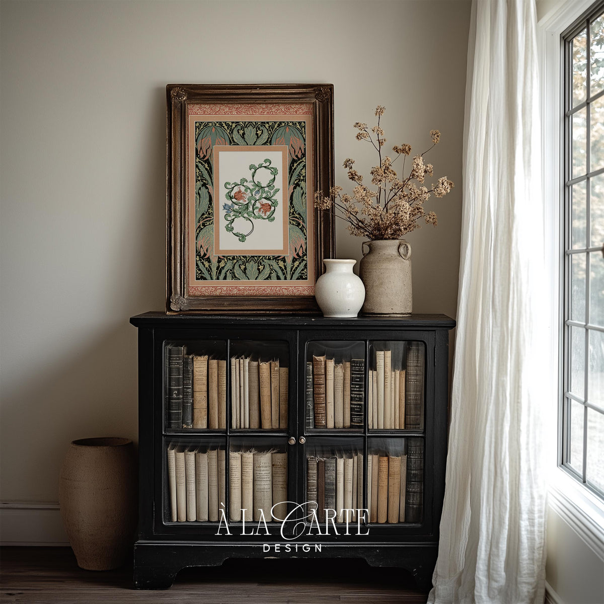 Botanical tapestry wall art with symmetrical rose scroll and ornamental leaf pattern — old-world elegant design