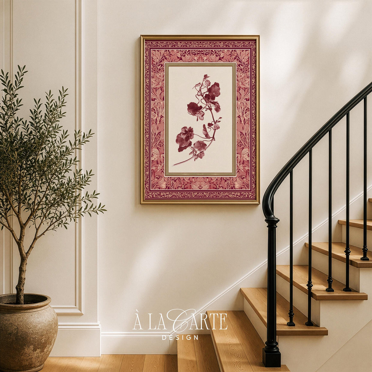 Vintage tapestry wall art with layered flowers and stems — antique french country botanical illustration with cream base and decorative frame