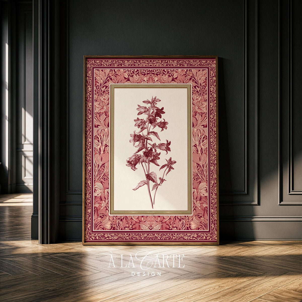 Antique flower study poster — grandmillennial botanical artwork with intricate patterned frame in burgundy and rose hues