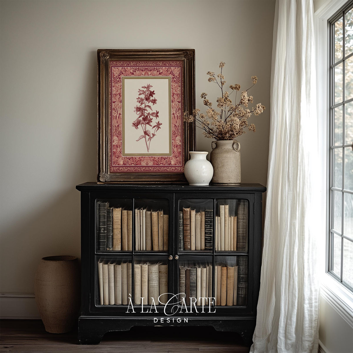 Antique tapestry printable featuring delicate blossom illustration — feminine vintage design with patterned textile-inspired frame