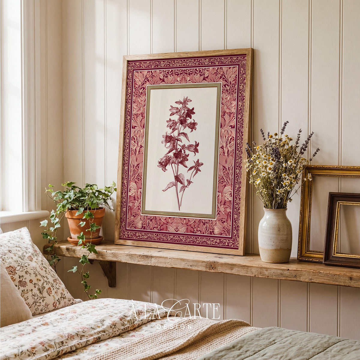 Delicate blossom line drawing wall art for living room — romantic cottagecore print featuring dusty rose tones and heritage textile aesthetic