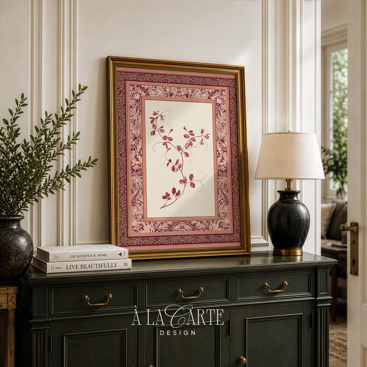 Antique tapestry artwork for entryway — botanical motif with cream field and burgundy damask patterned border