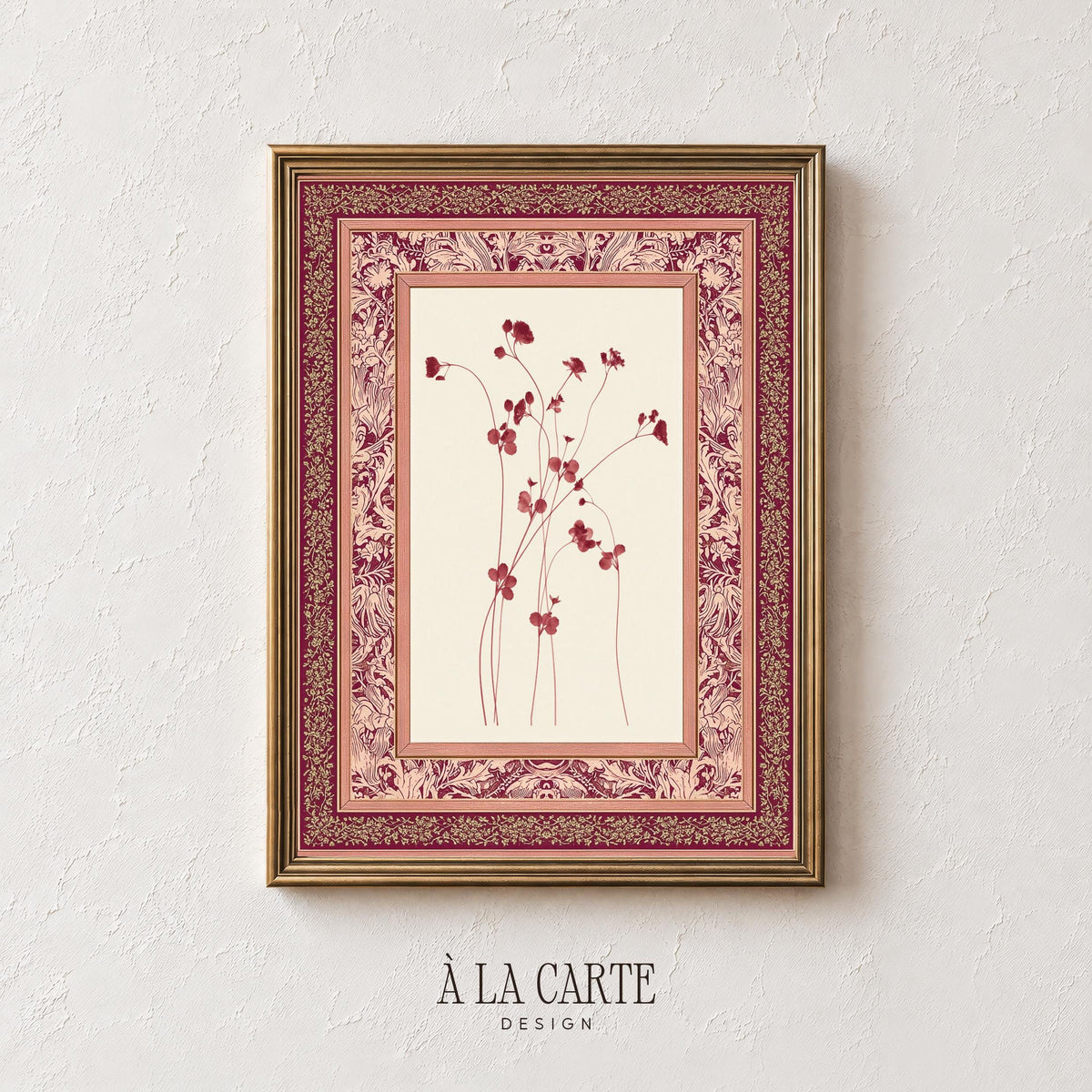 Romantic botanical illustration wall decor for bedroom — vintage tapestry style with slender buds and decorative border