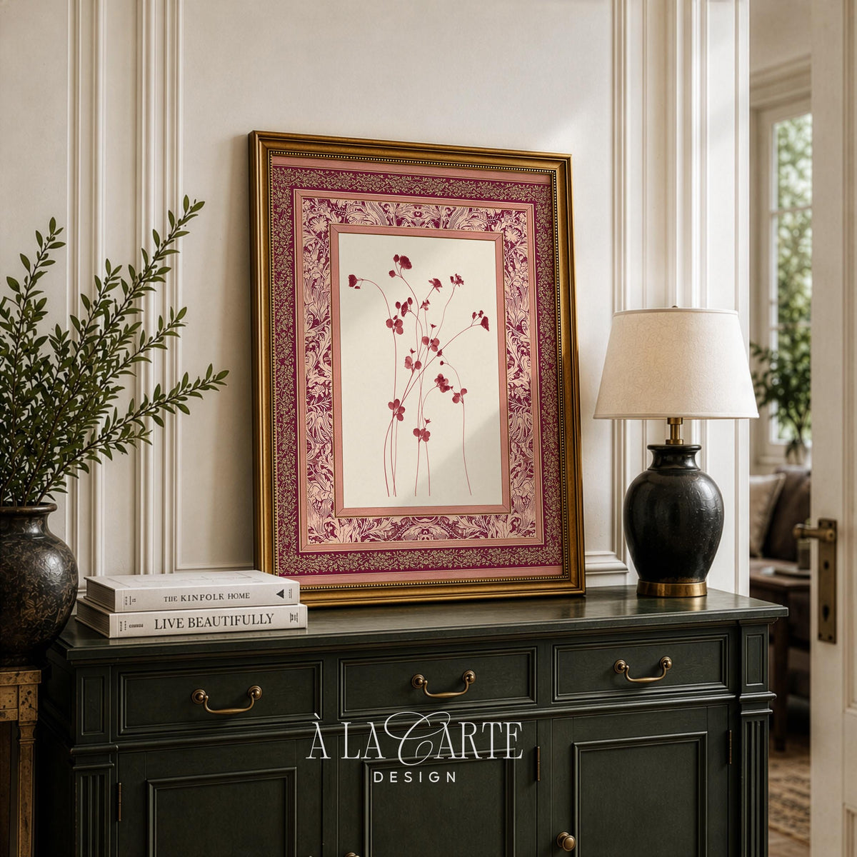 Botanical line art poster for hallway — intricate clover sprigs on cream with vintage ornamental burgundy framing