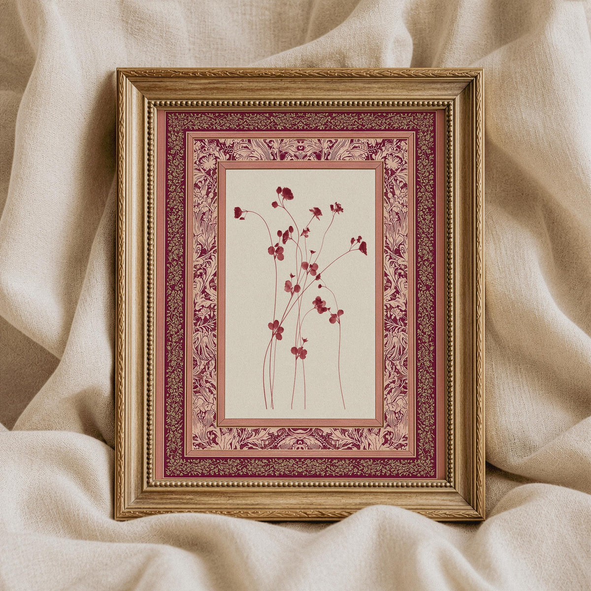 Antique-inspired botanical digital download — feminine heritage textile design with detailed stem work and blush accents