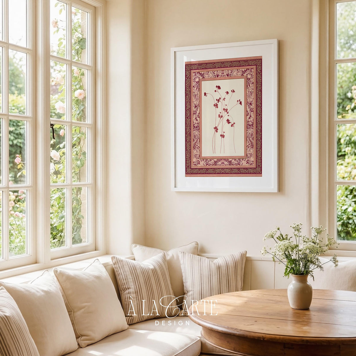 Heritage textile-inspired wall art featuring botanical motif — grandmillennial French country style with decorative frame