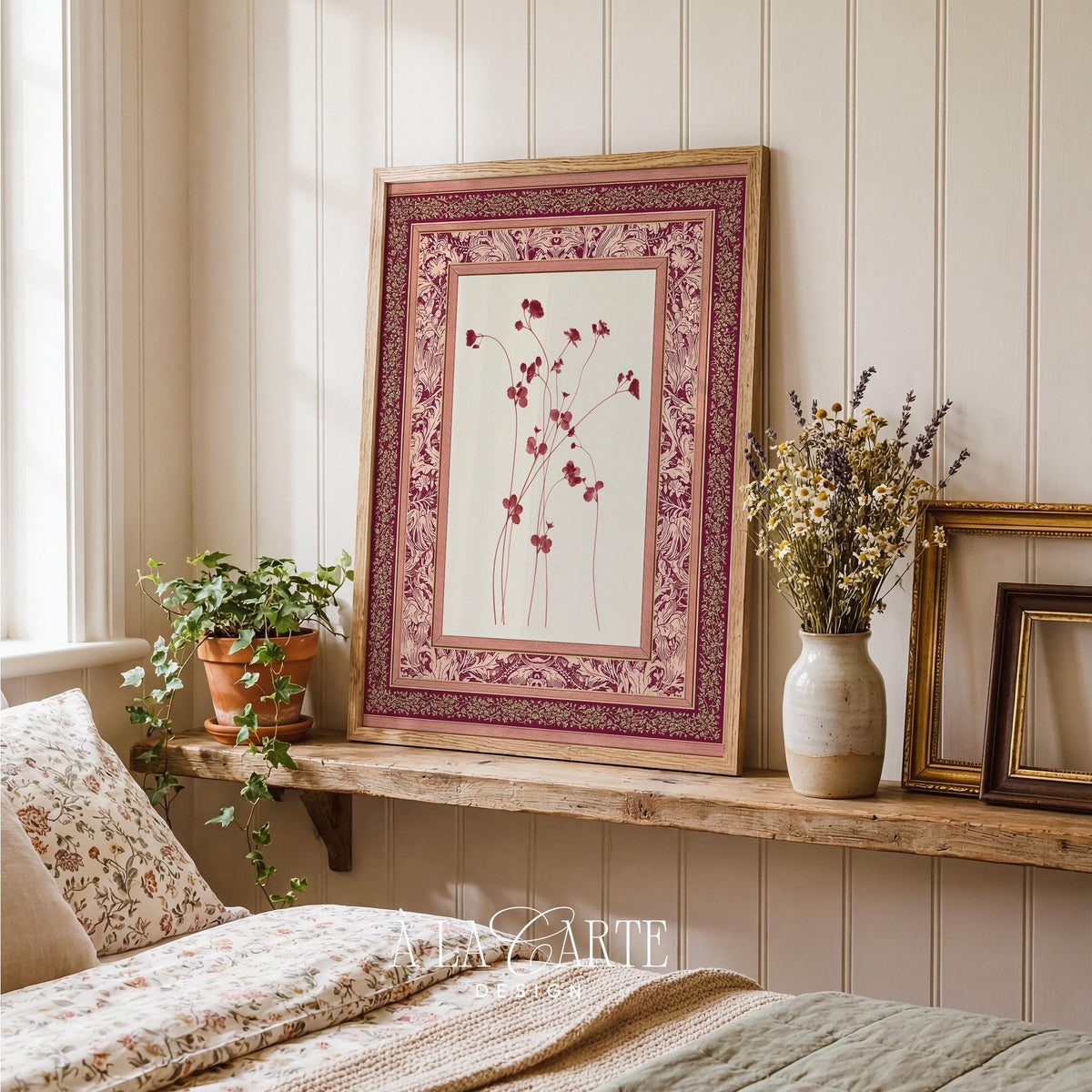 Vintage botanical sprigs printable art for living space — delicate French country floral with antique patterned border