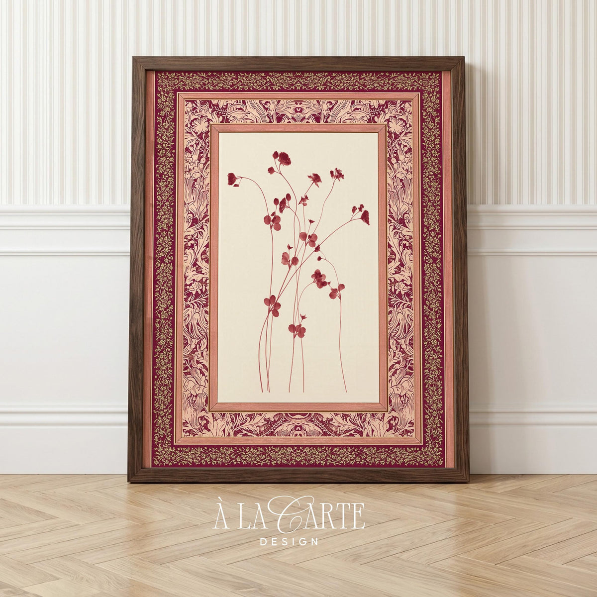 Fine detail botanical artwork for gallery wall — cottagecore inspired with deep burgundy florals and heirloom frame