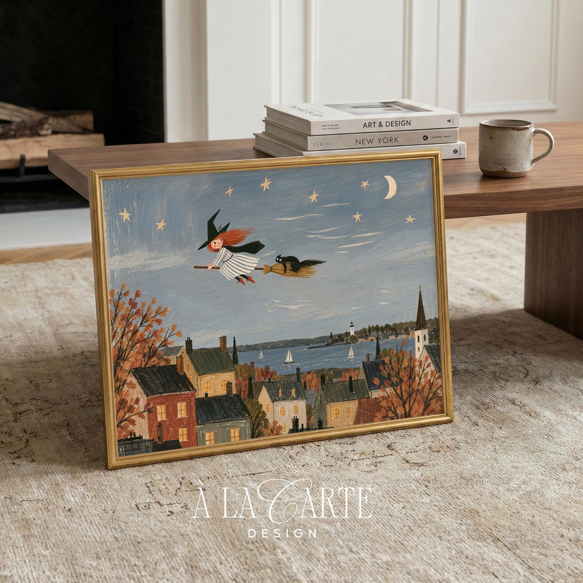 Whimsical broomstick rider digital print for nursery — folk art aesthetic with muted nostalgic colors and moonlit sky