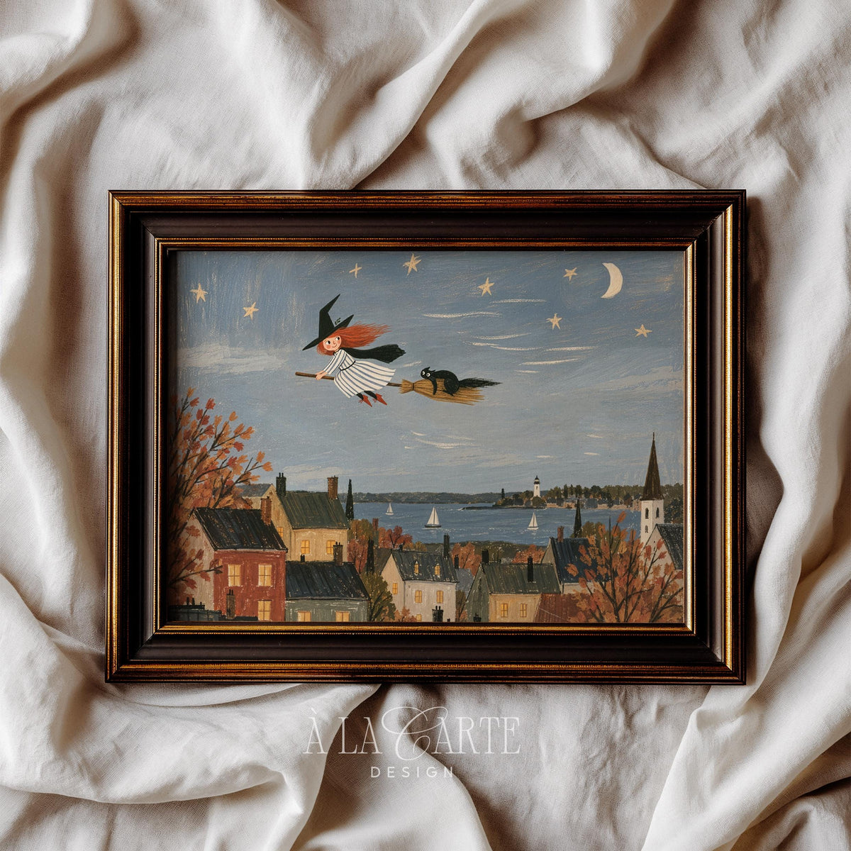 Magical sorceress with black cat poster for fall décor — vintage painting featuring dusky harbor and autumn trees