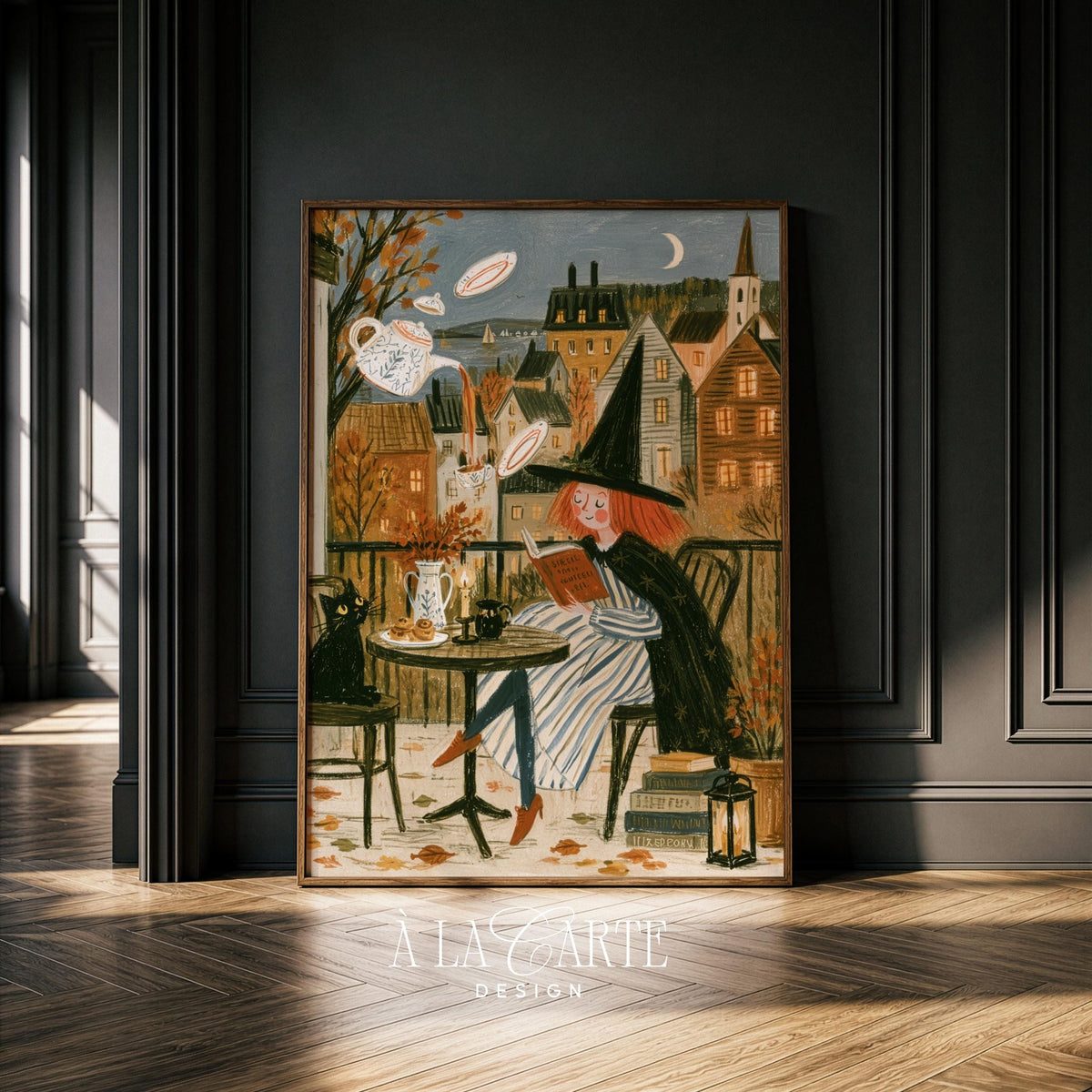 Spooky-charming witch picture printable art — European rooftops, autumn leaves, and muted color scheme