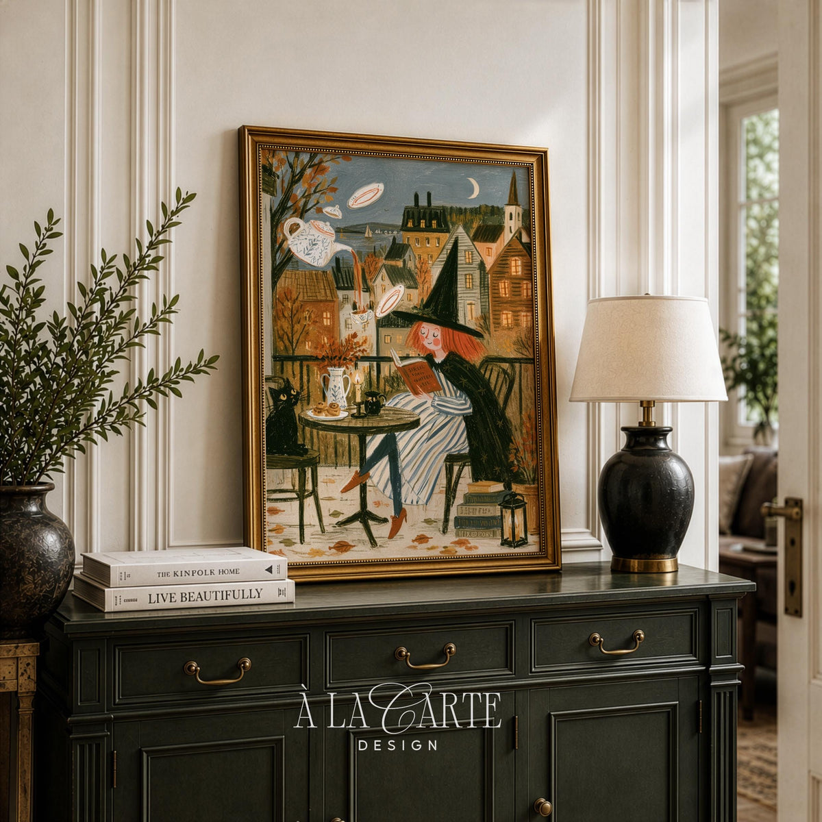 Folk-style witch printable picture for gallery wall — warm palette featuring magical teacup moment and moonlight