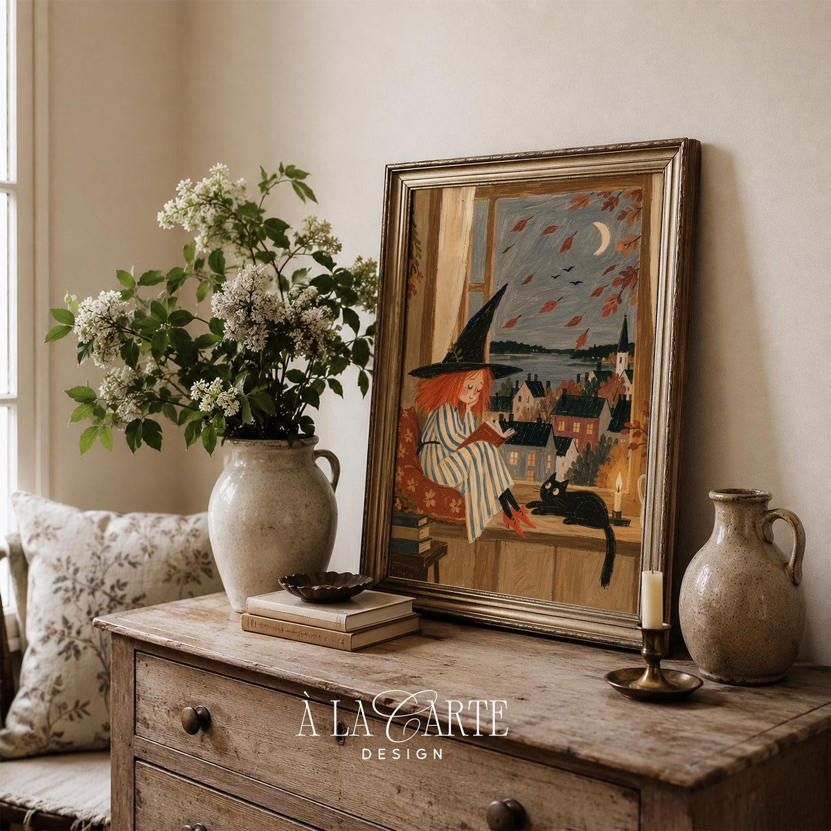 Vintage-style witch portrait picture for accent wall — folk artwork featuring cozy indoor reading moment with Halloween charm and muted tones