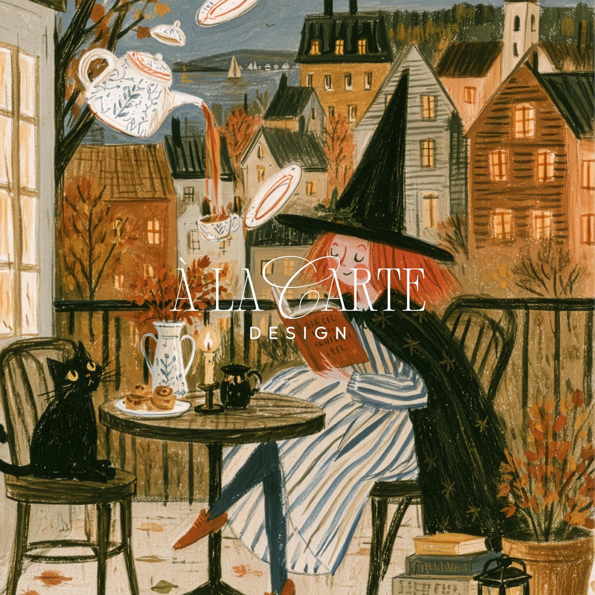 Bookish Witch Painting, Cozy Halloween Folk Wall Art, Playroom Print, Witchy Room Cozy Fall Decor, Scandinavian Wall Art V306