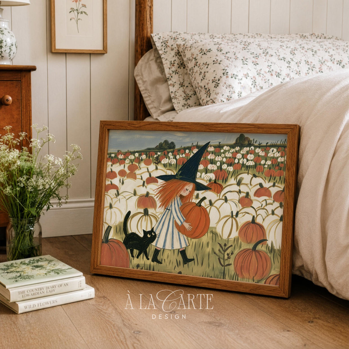 Harvest season artwork for dining room — hand-painted style witch girl among pumpkins and trees