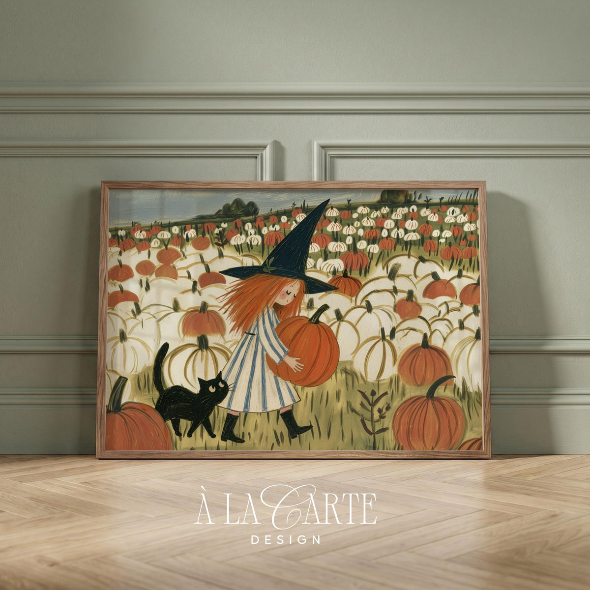 Folk-style Halloween poster for gallery wall — cream and rust pumpkin scene with charming witch figure