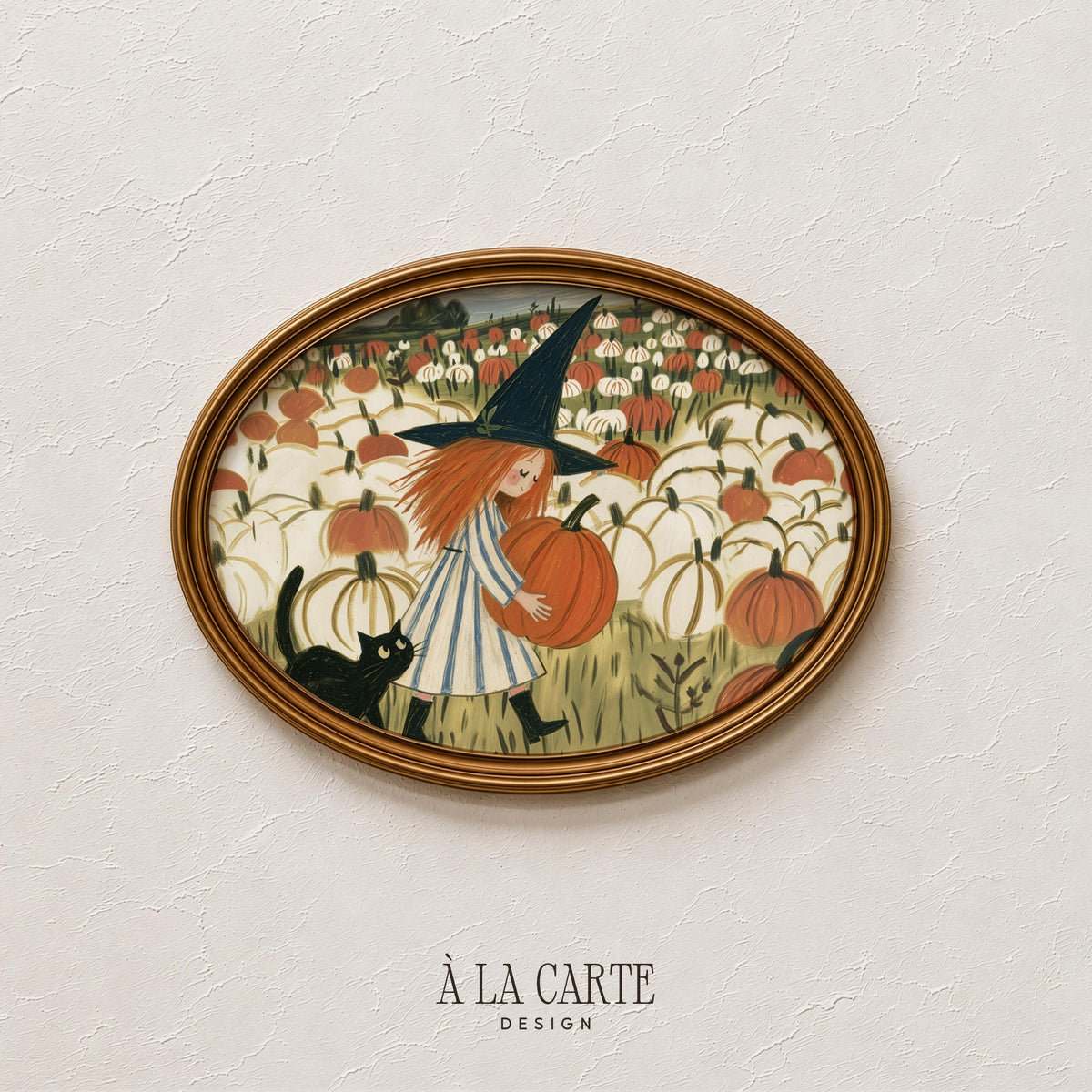 Cozy fall scene poster for living room — charming illustration of pumpkin patch with folkloric character