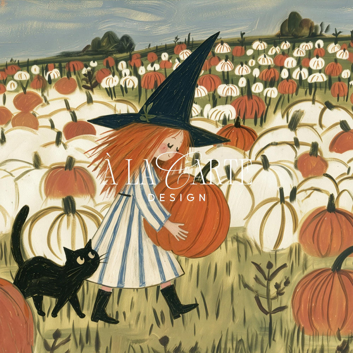 Autumn harvest digital print wall art — folk painting featuring girl, feline companion, and pumpkin field