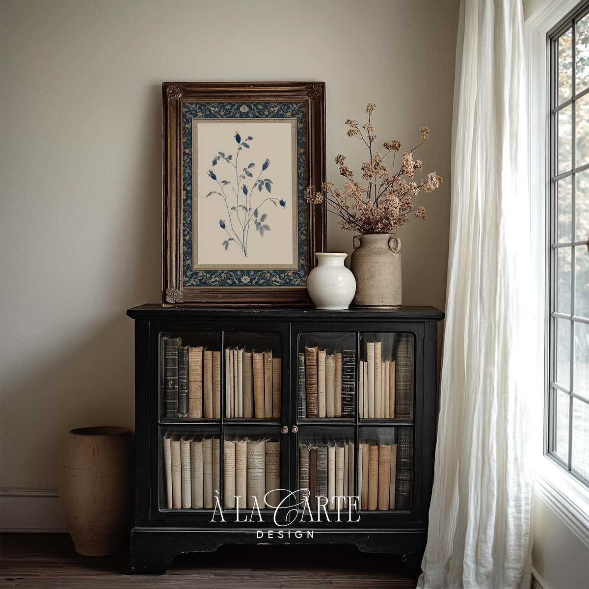 Vintage botanical branch wall art for entryway — elegant indigo illustration on cream with scattered leaves
