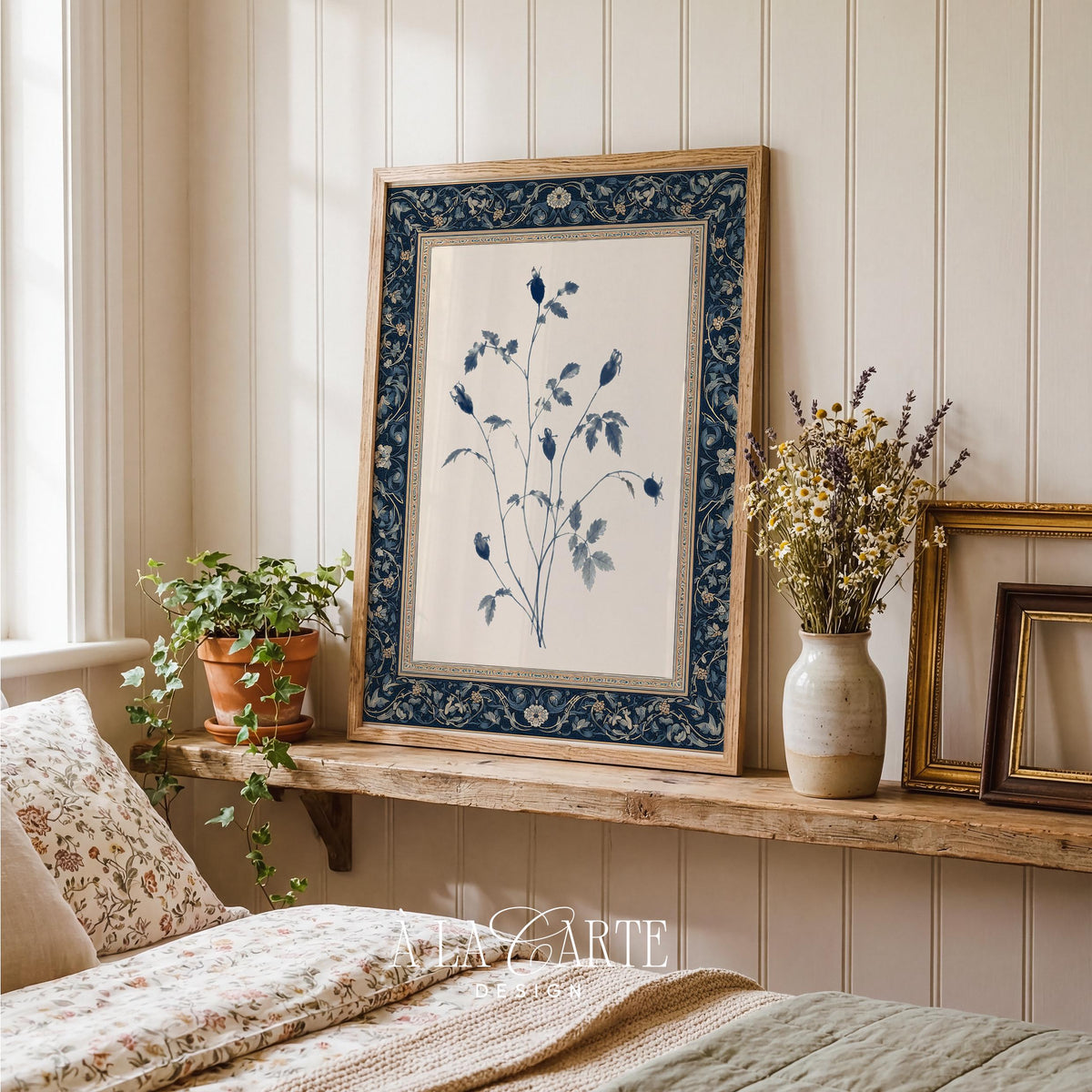 Elegant flowering branch digital wall art for farmhouse — heritage floral tapestry with handcrafted botanical feel