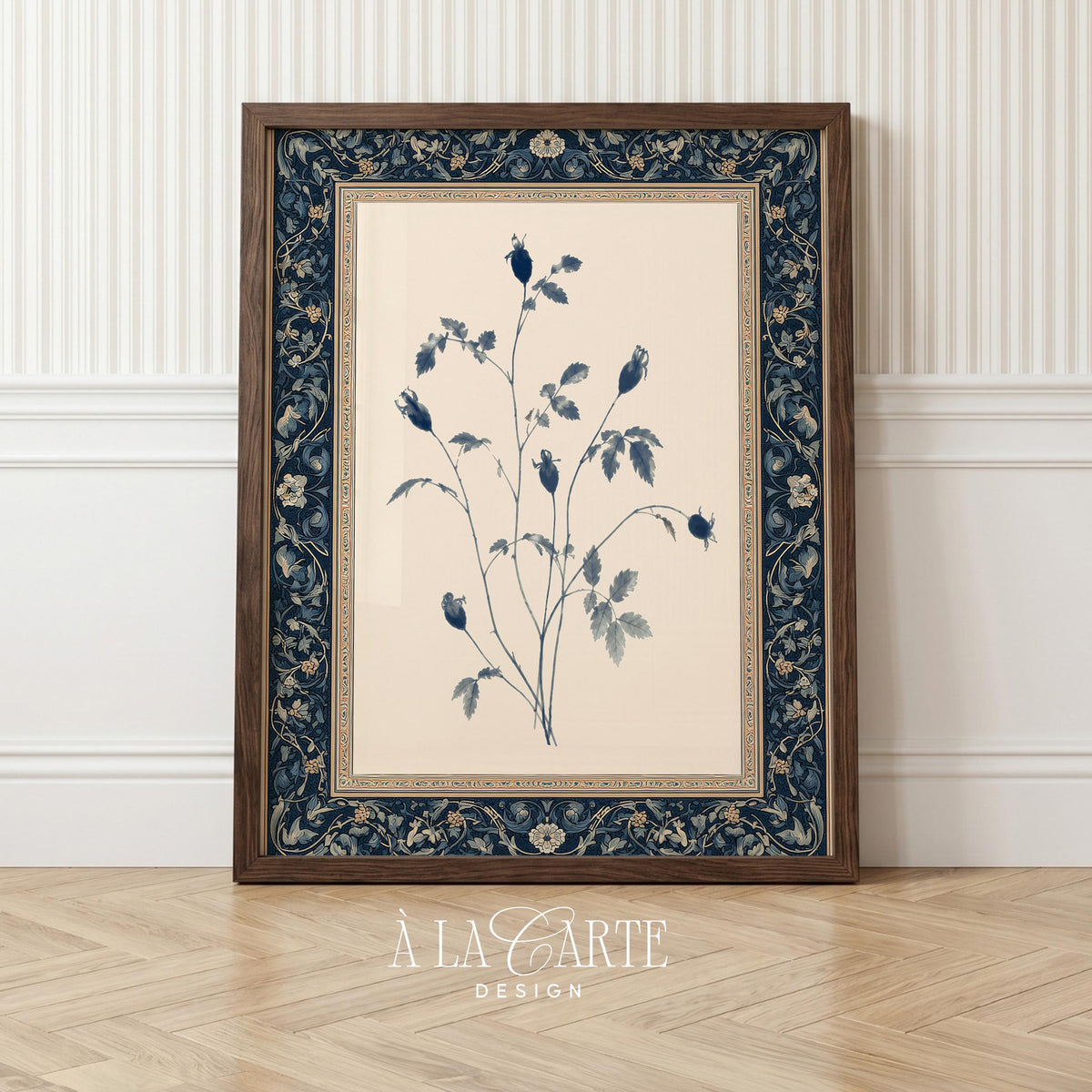 Classic botanical leaf and pod printable art — vintage cottage aesthetic with soft cream and blue palette