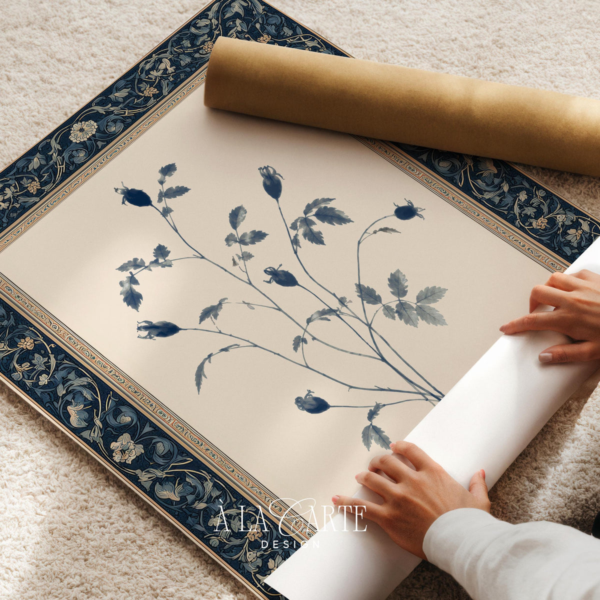 Antique rose hip tapestry wall art for bathroom — cottagecore floral heritage print with naturalistic composition