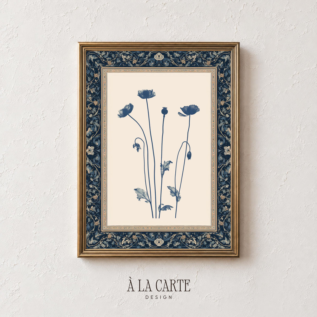 Blue wildflower poster with delicate buds — cottagecore wall art featuring muted indigo tones and timeless farmhouse charm