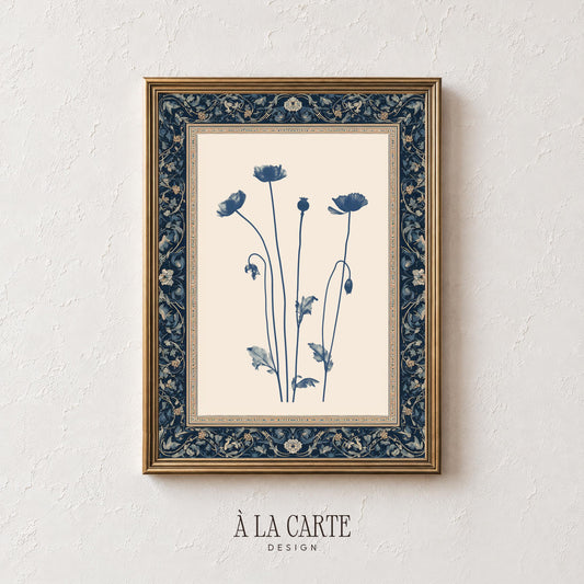 Blue wildflower poster with delicate buds — cottagecore wall art featuring muted indigo tones and timeless farmhouse charm