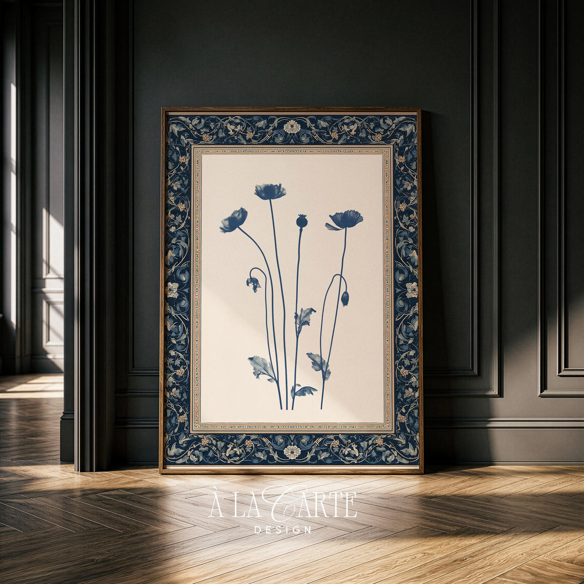 Grandmillennial botanical tapestry printable — indigo wildflower illustration wall decor with soft vintage aesthetic and naturalistic stems