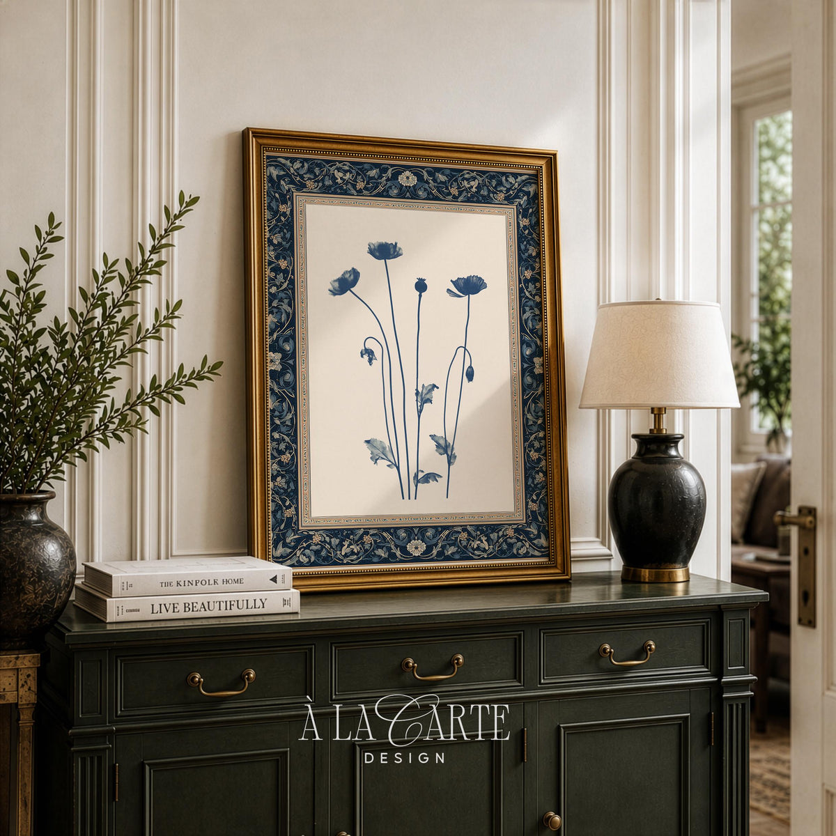Indigo flower wall art with seed pod details — heritage textile style painting evoking cozy farmhouse elegance and timeless appeal